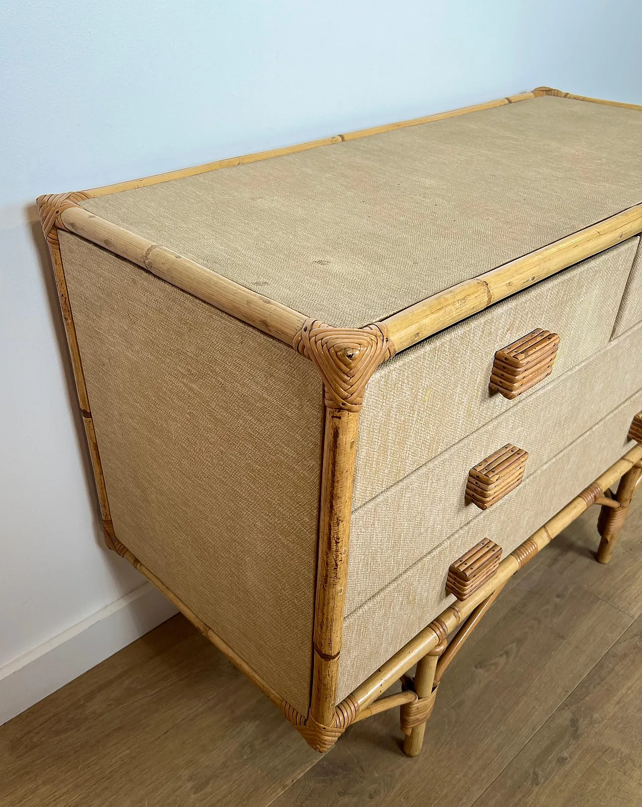 Bamboo, rattan, wood and raffia chest of drawers by Audoux Minet, 1950 6