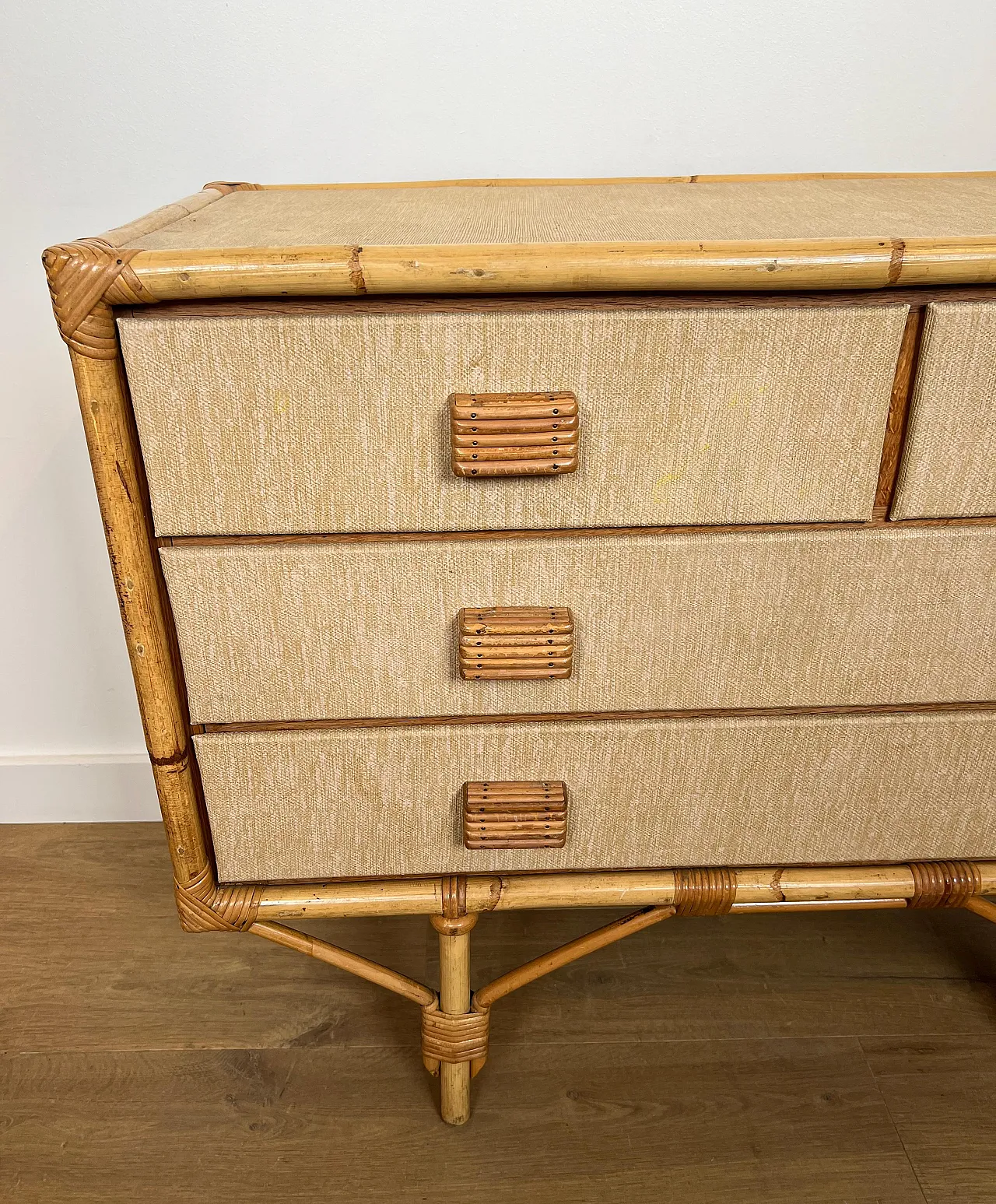 Bamboo, rattan, wood and raffia chest of drawers by Audoux Minet, 1950 8