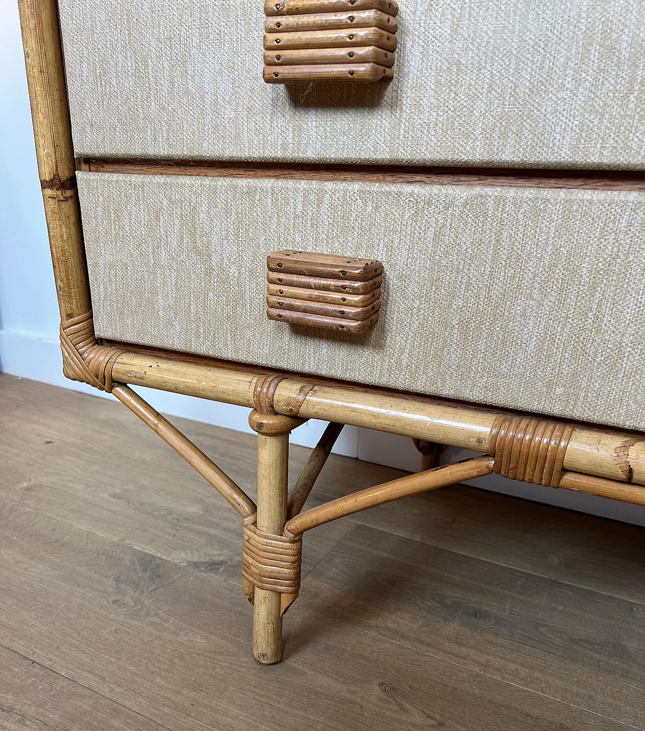 Bamboo, rattan, wood and raffia chest of drawers by Audoux Minet, 1950 9