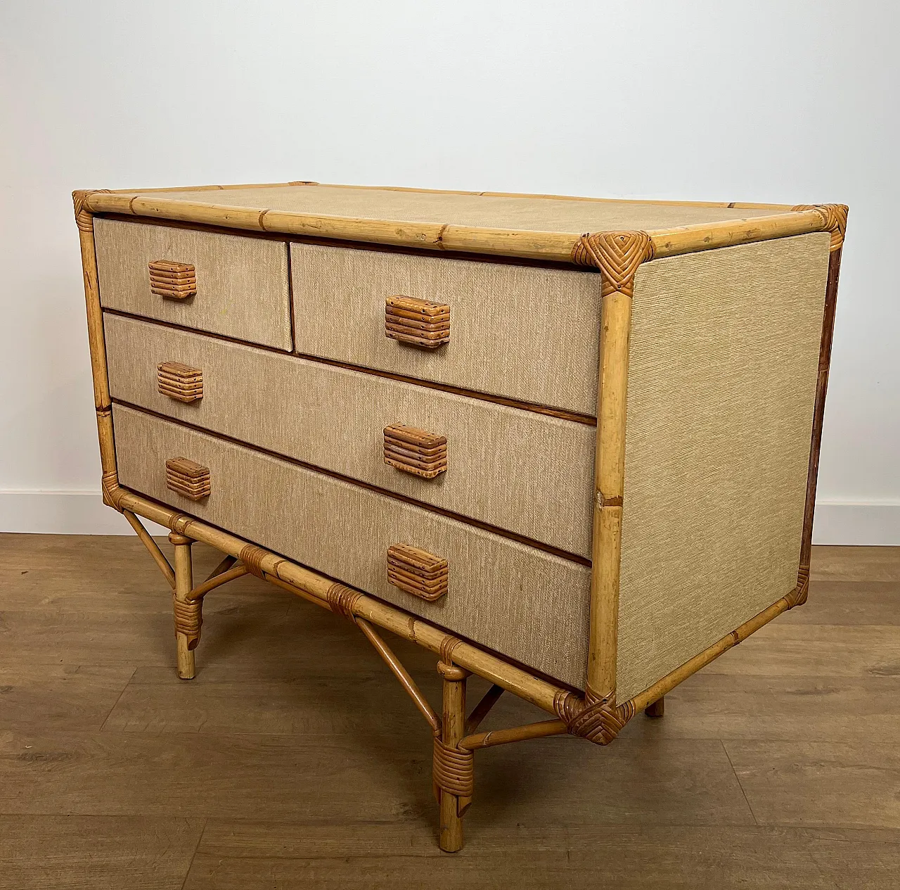 Bamboo, rattan, wood and raffia chest of drawers by Audoux Minet, 1950 11