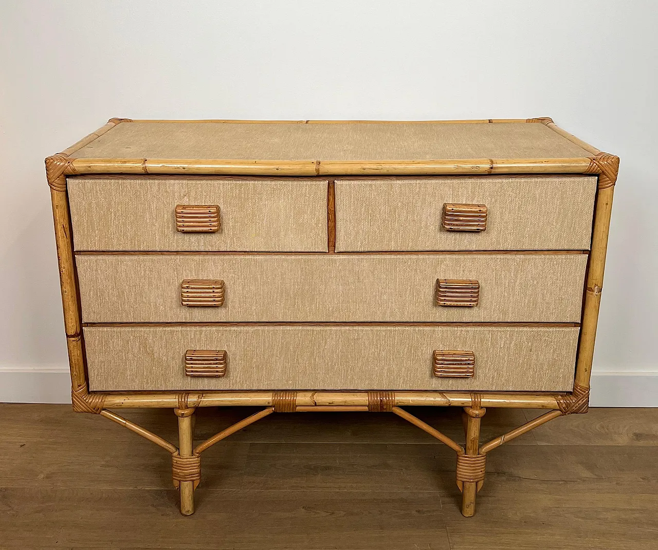 Bamboo, rattan, wood and raffia chest of drawers by Audoux Minet, 1950 12