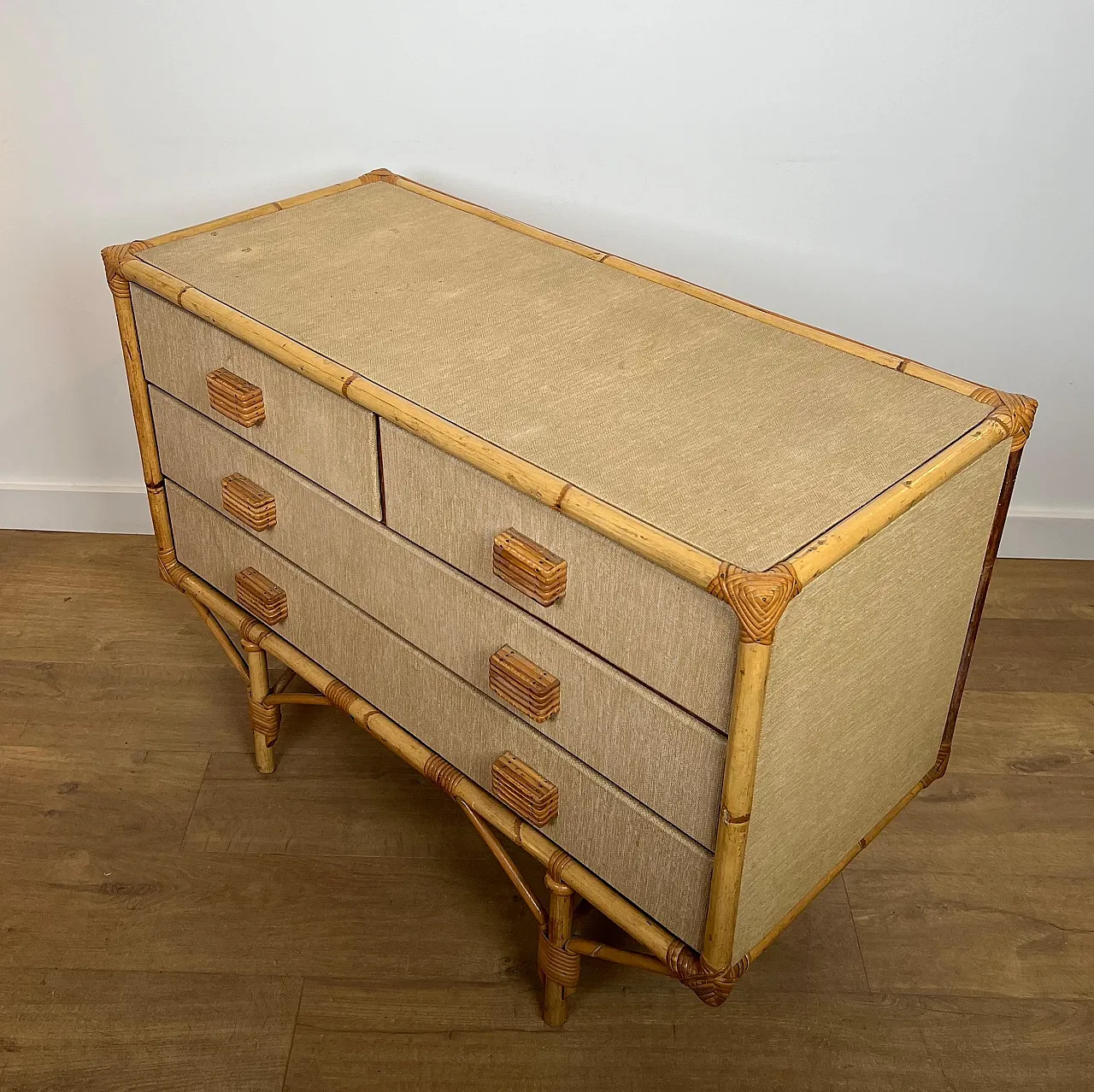 Bamboo, rattan, wood and raffia chest of drawers by Audoux Minet, 1950 13