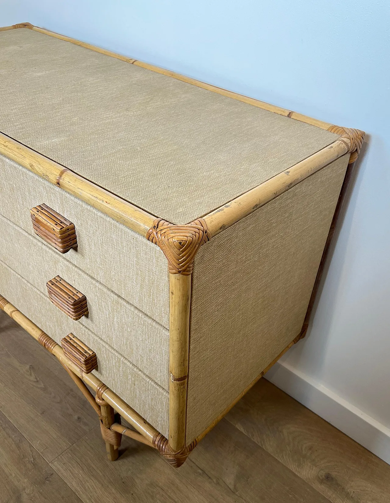 Bamboo, rattan, wood and raffia chest of drawers by Audoux Minet, 1950 14