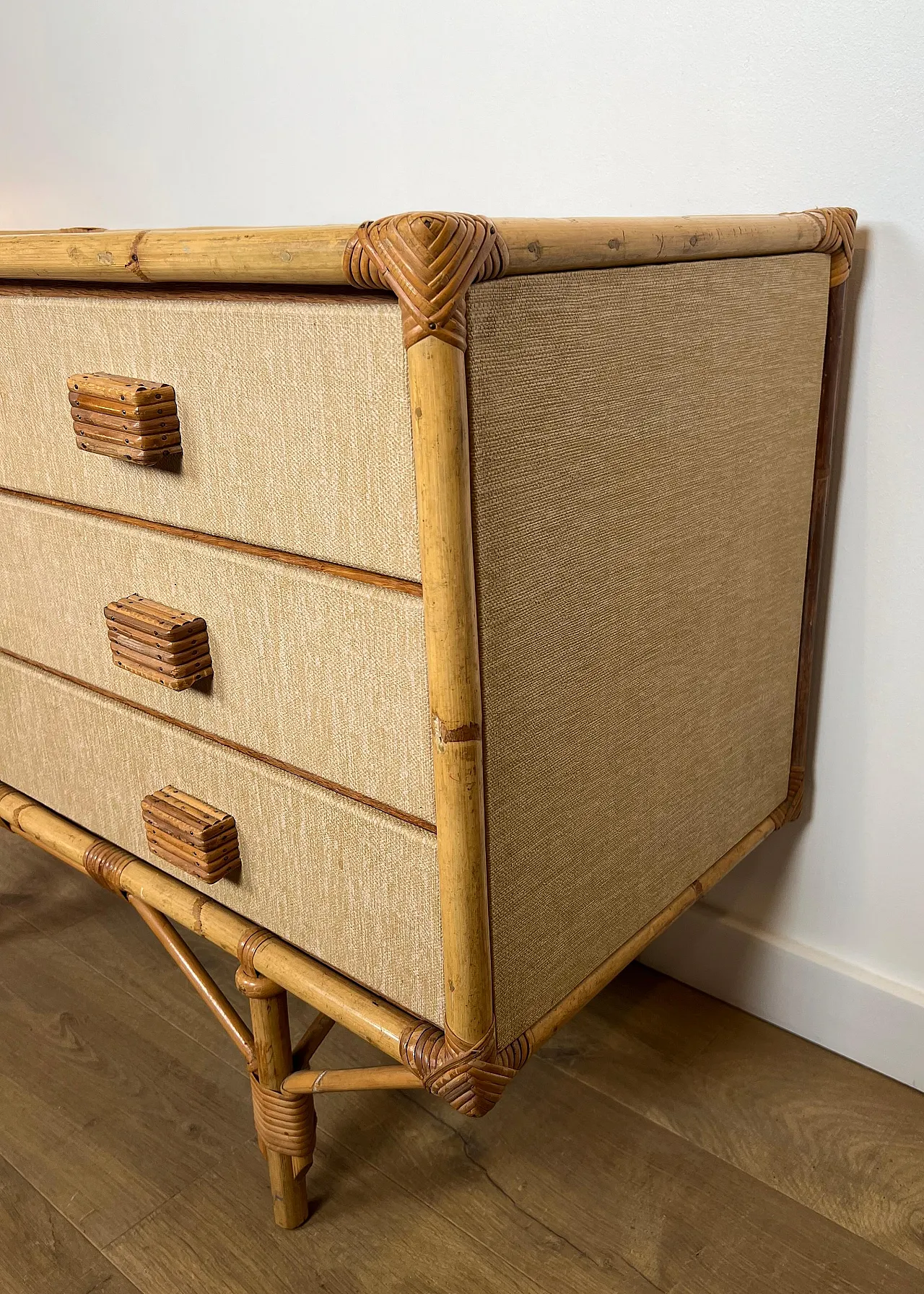 Bamboo, rattan, wood and raffia chest of drawers by Audoux Minet, 1950 15