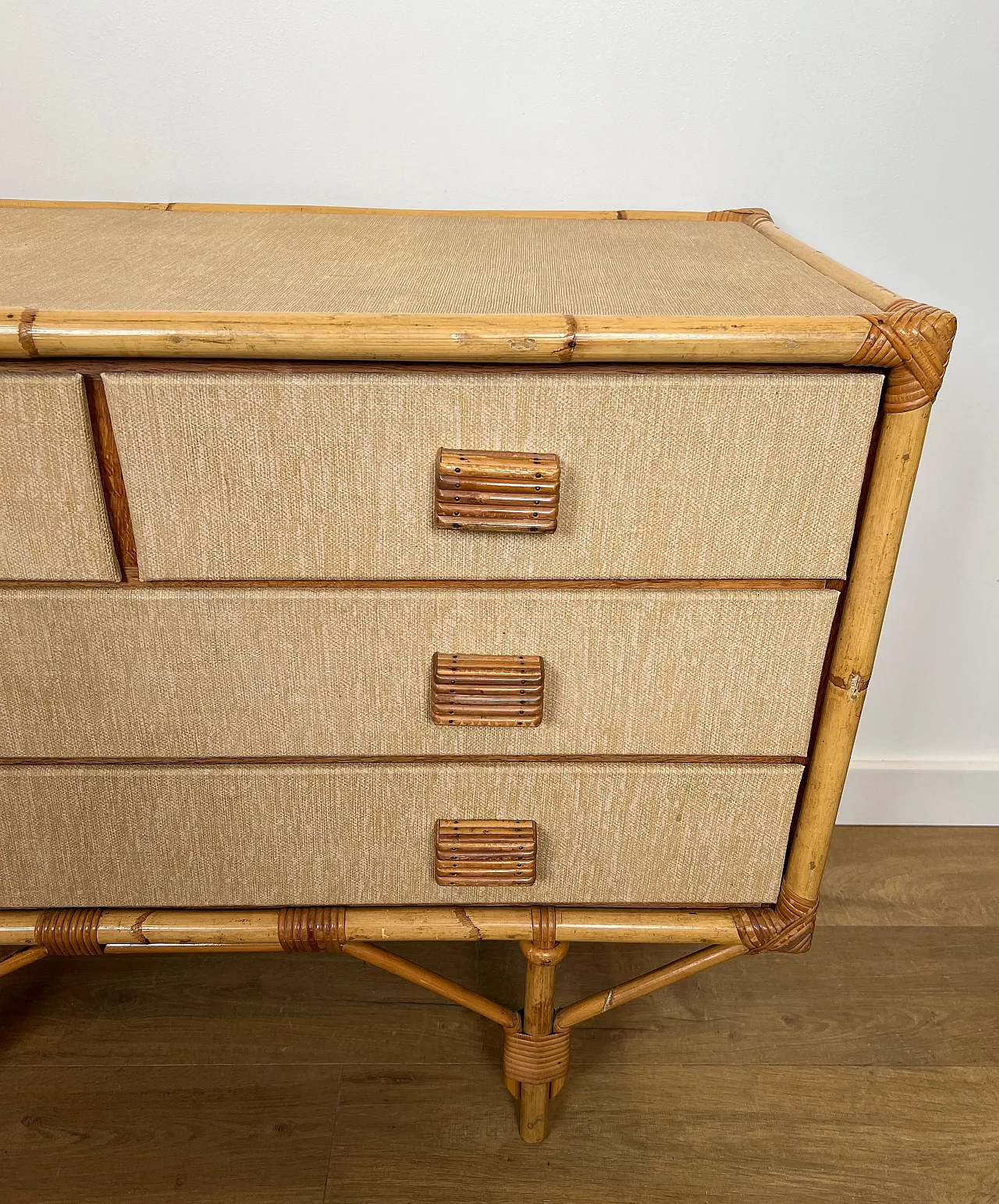 Bamboo, rattan, wood and raffia chest of drawers by Audoux Minet, 1950 16