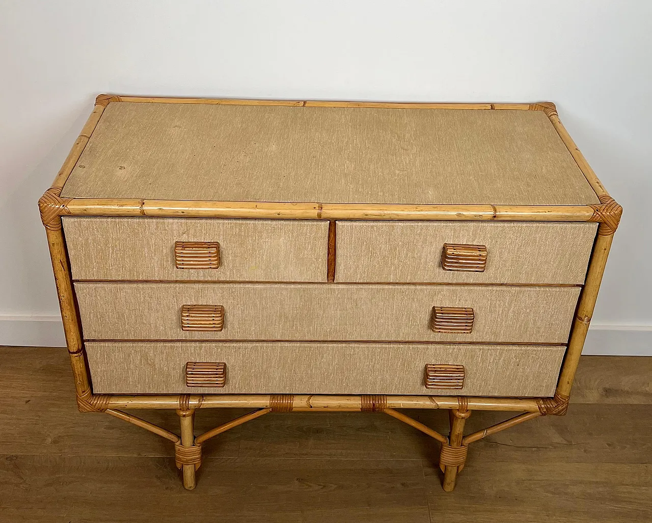 Bamboo, rattan, wood and raffia chest of drawers by Audoux Minet, 1950 20