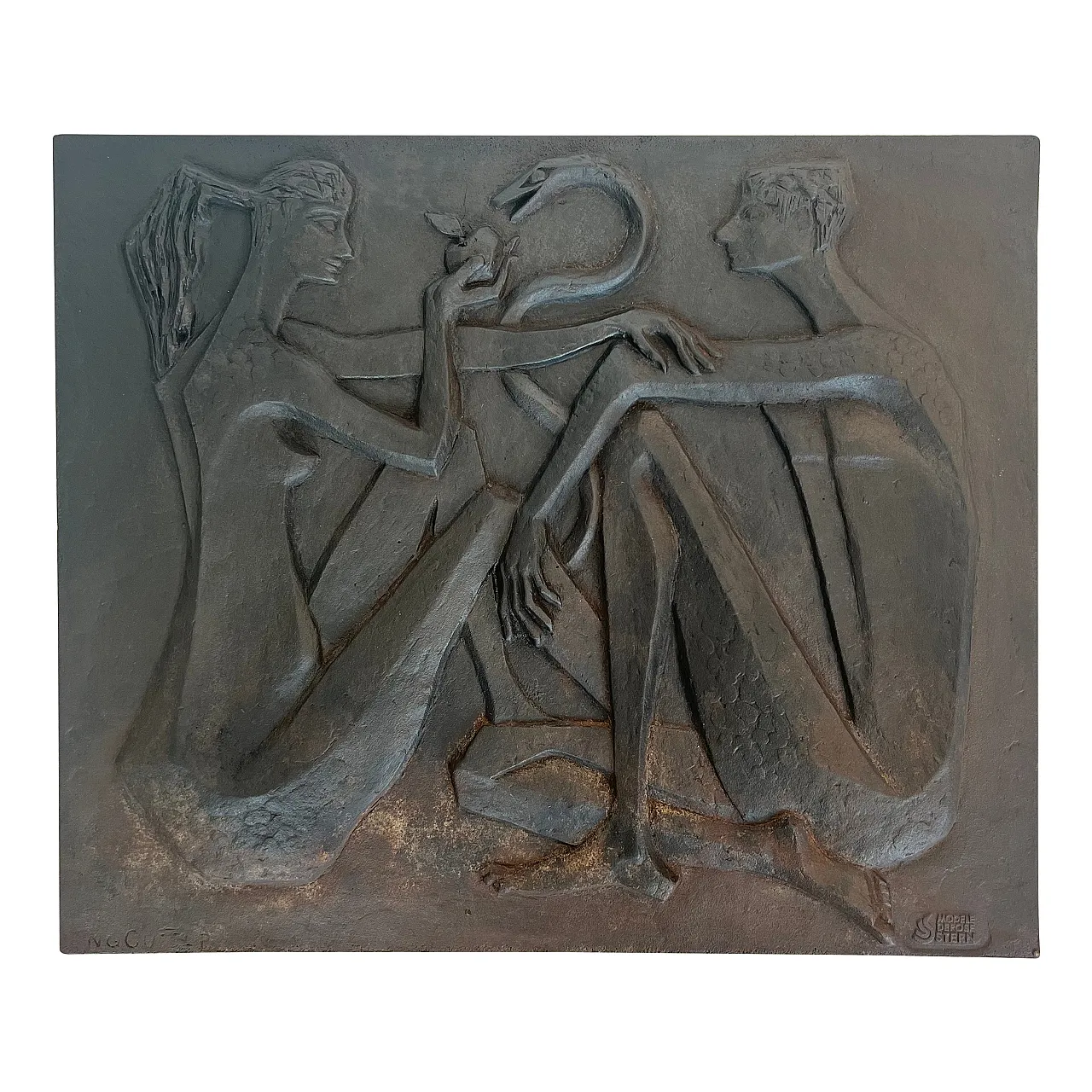 Cast-iron fireplace depicting Adam and Eve, 1970s 1