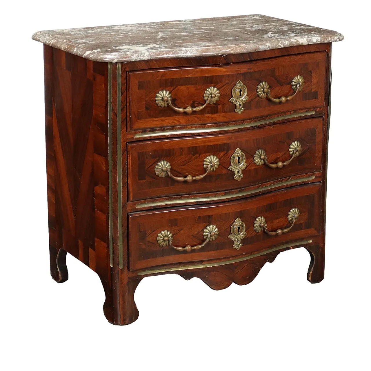 French chest of drawers in poplar, marble and brass, 19th century 1