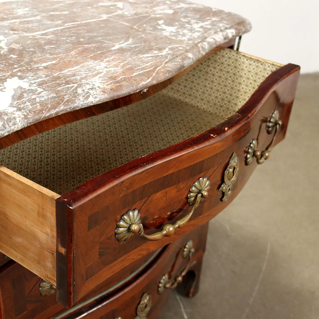 French chest of drawers in poplar, marble and brass, 19th century 5