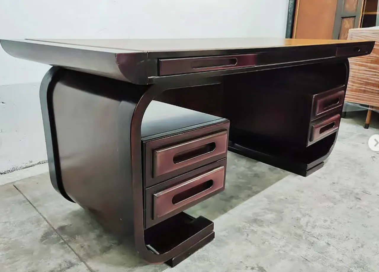 Scrivania in legno mogano e piano rivestito in pelle, anni '50 6