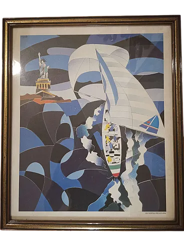 First edition poster by Ugo Nespolo with Italian sailing boat Azzurra