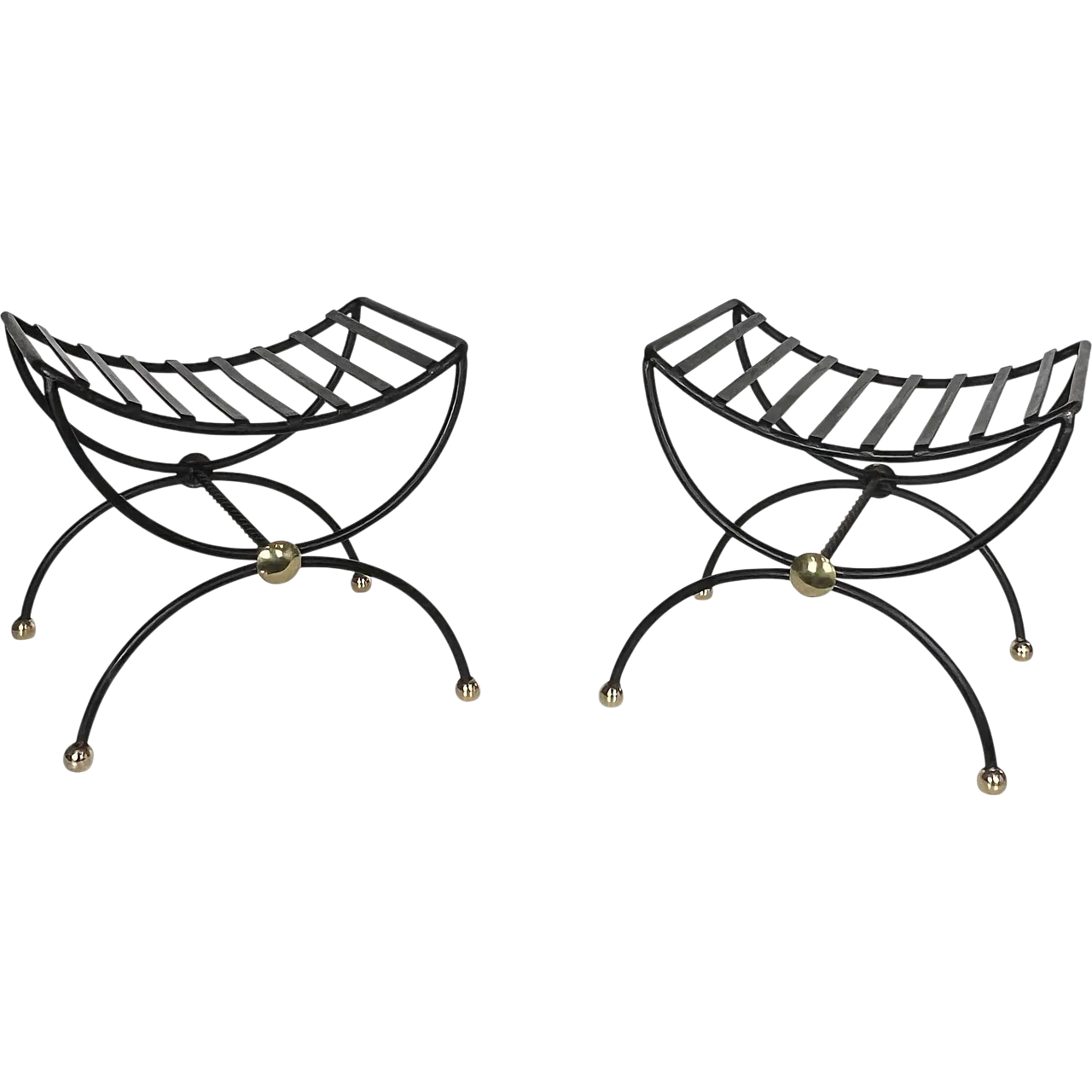 Pair of wrought iron and brass curule stools, 1950s 21