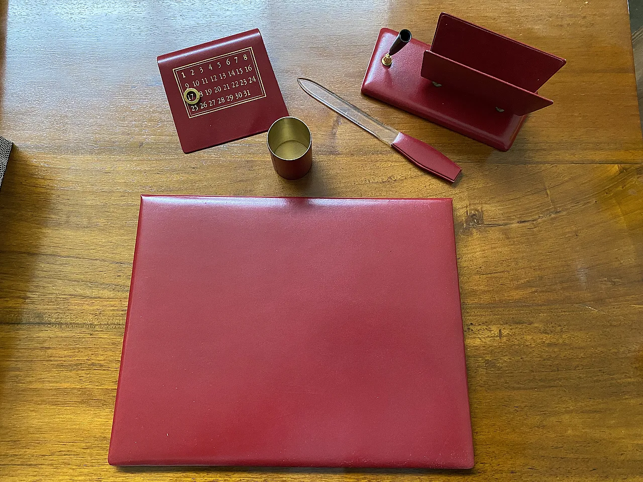 Red leather desk set, 60s 1