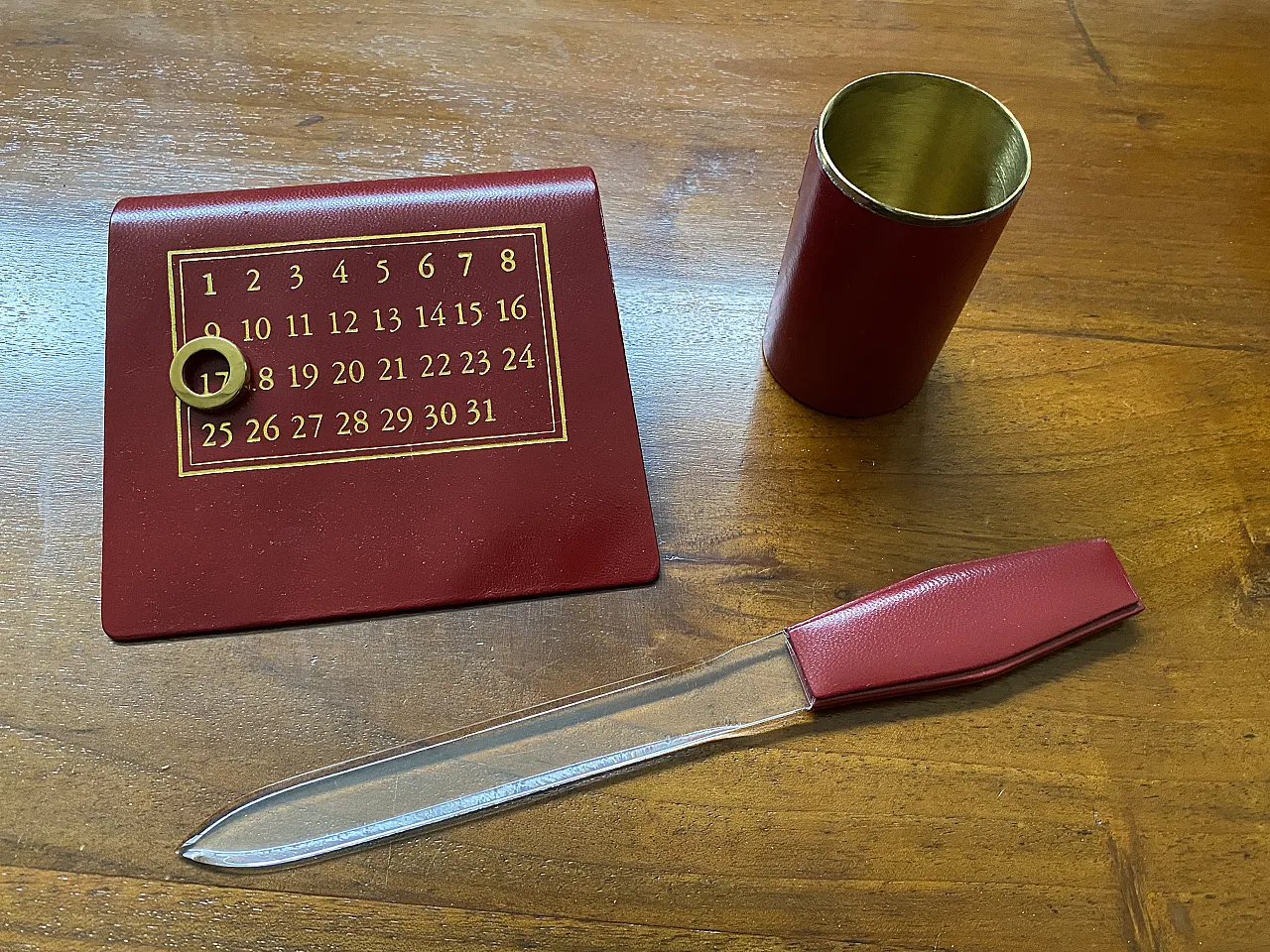 Red leather desk set, 60s 3