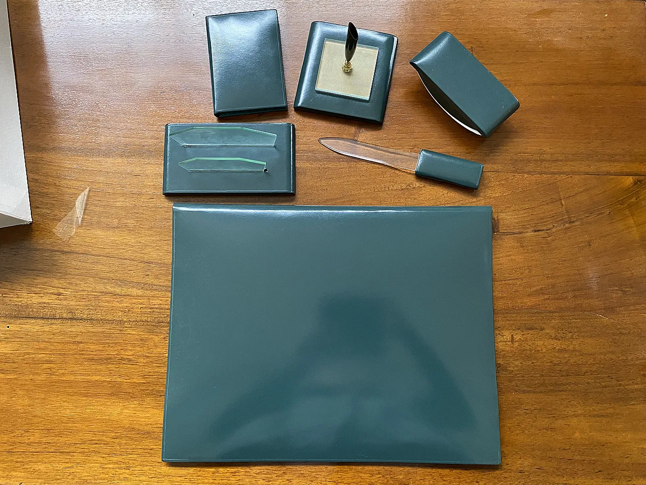 Green leather desk set, 60s 1