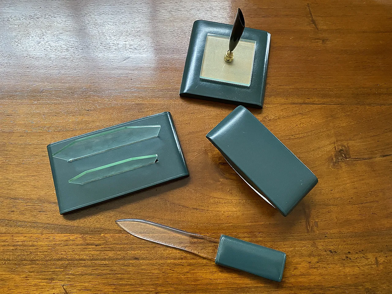 Green leather desk set, 60s 2