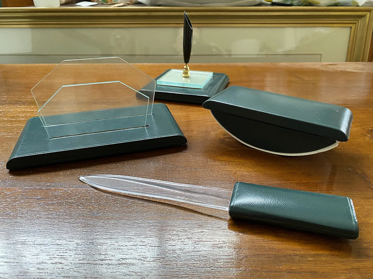 Green leather desk set, 60s 3