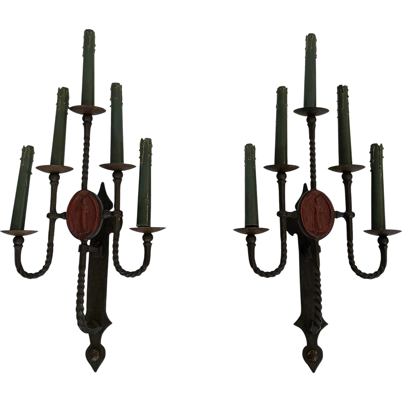 Pair of wrought iron wall sconces with 5 arms with coat of arms, 1940s 21