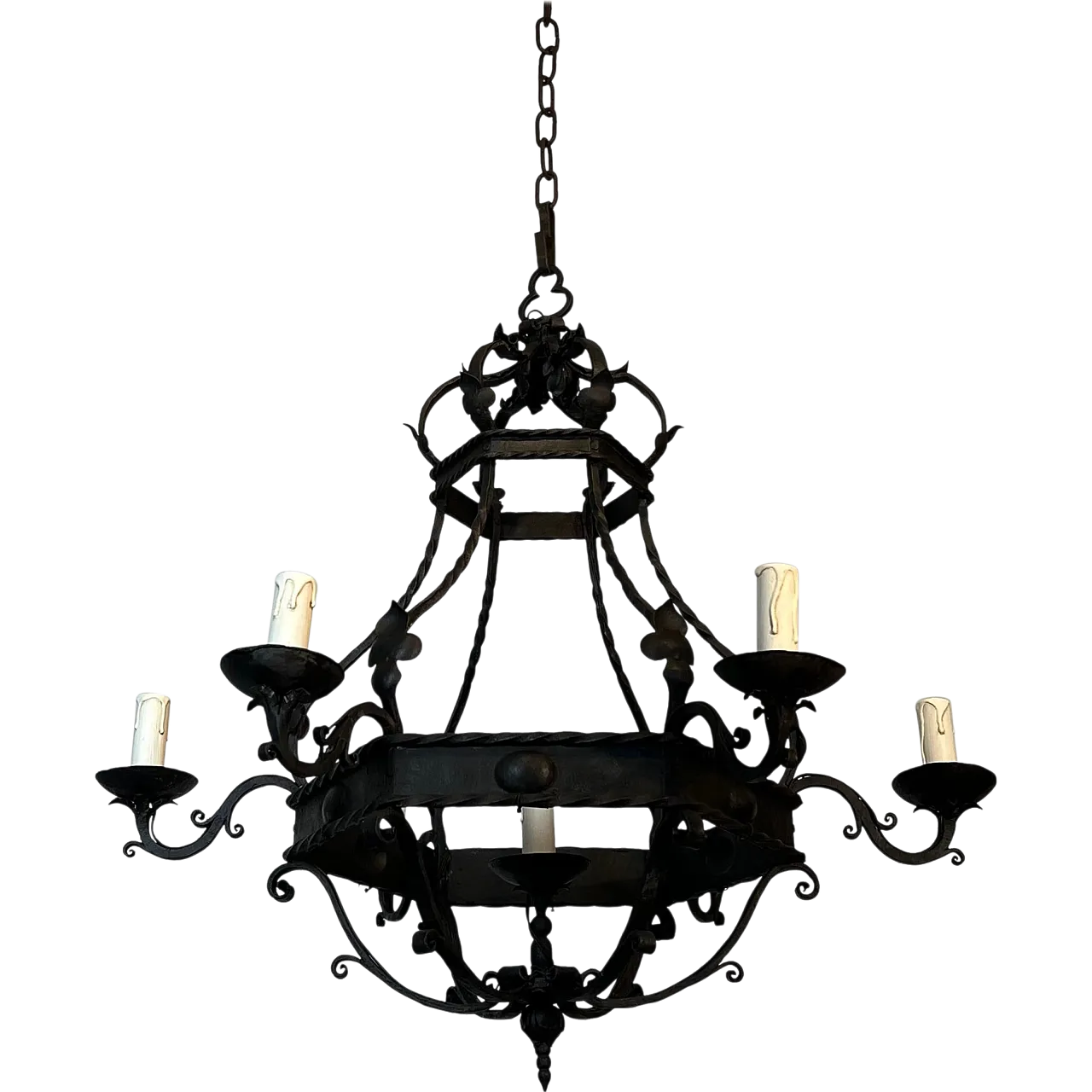 Wrought iron cage chandelier with 7 lights, 1940s 21