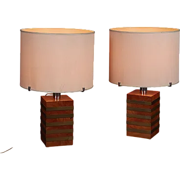 Pair of table lamps in brass, briarwood and fabric, 1970s