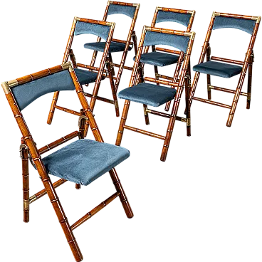 Faux bamboo follding chairs in wood brass and fabric, 1950s-1960s