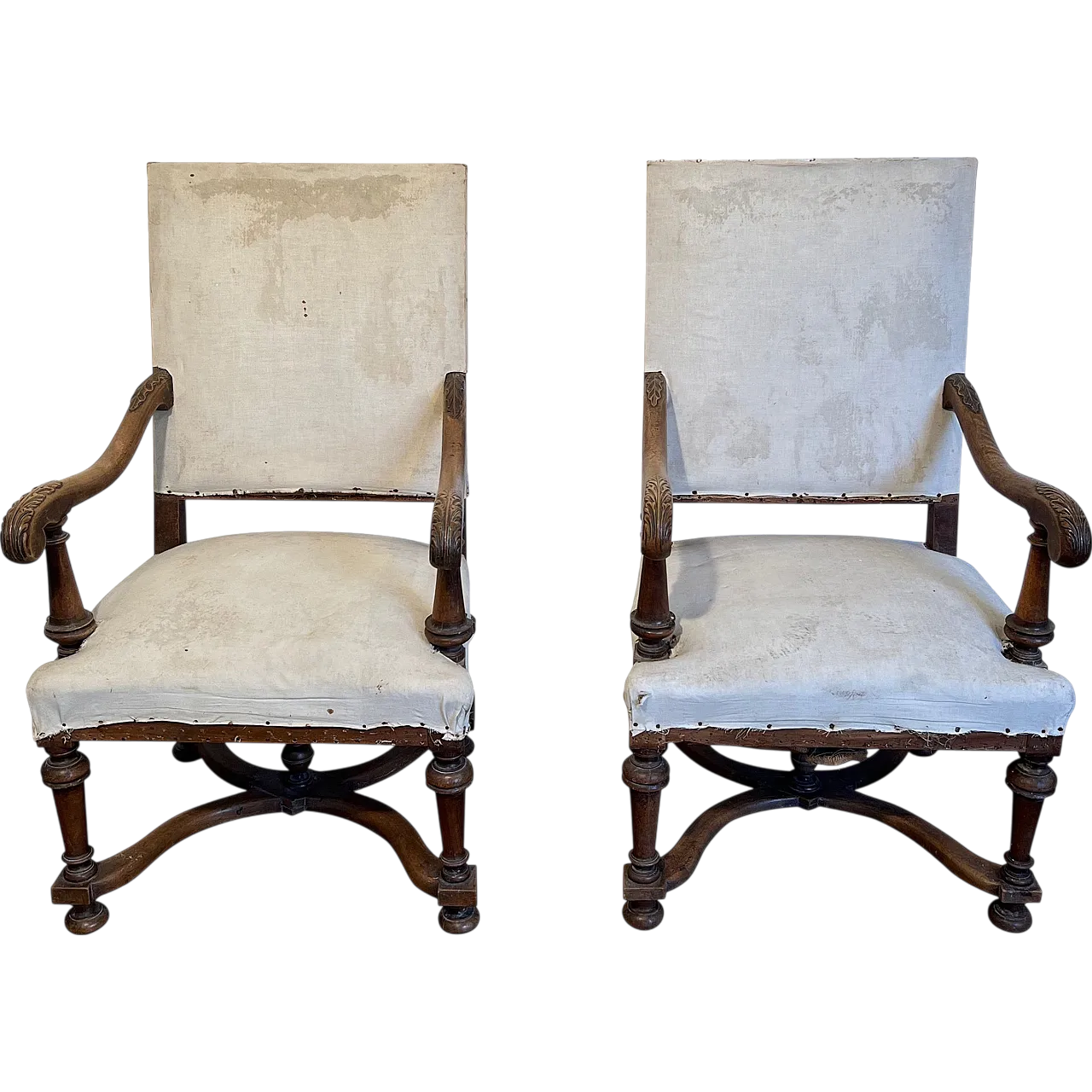 Pair of high-backed armchairs Louis XIII style in walnut, 19th century 21