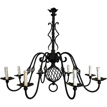 Wrought iron chandelier with 8 lights, 1950s