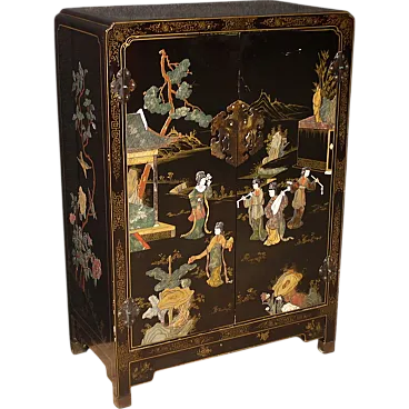 Small Oriental black lacquered painted sideboard, 20th century