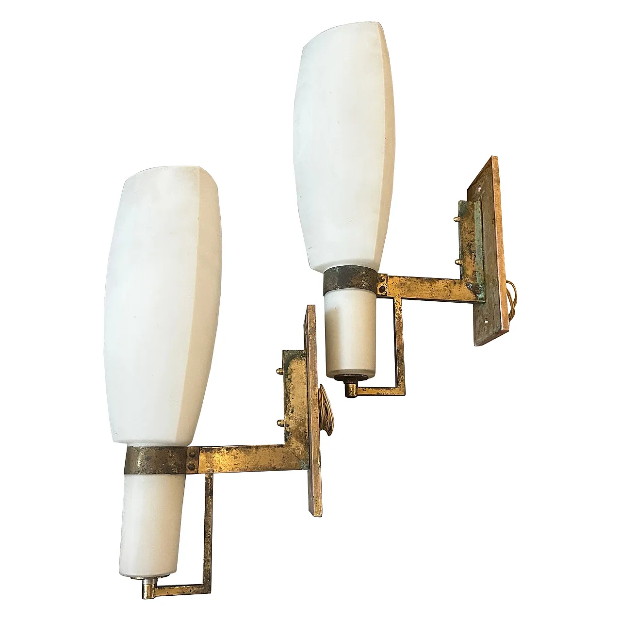 Pair of wall lamps by Bruno Gatta in brass and glass, 1950s 1