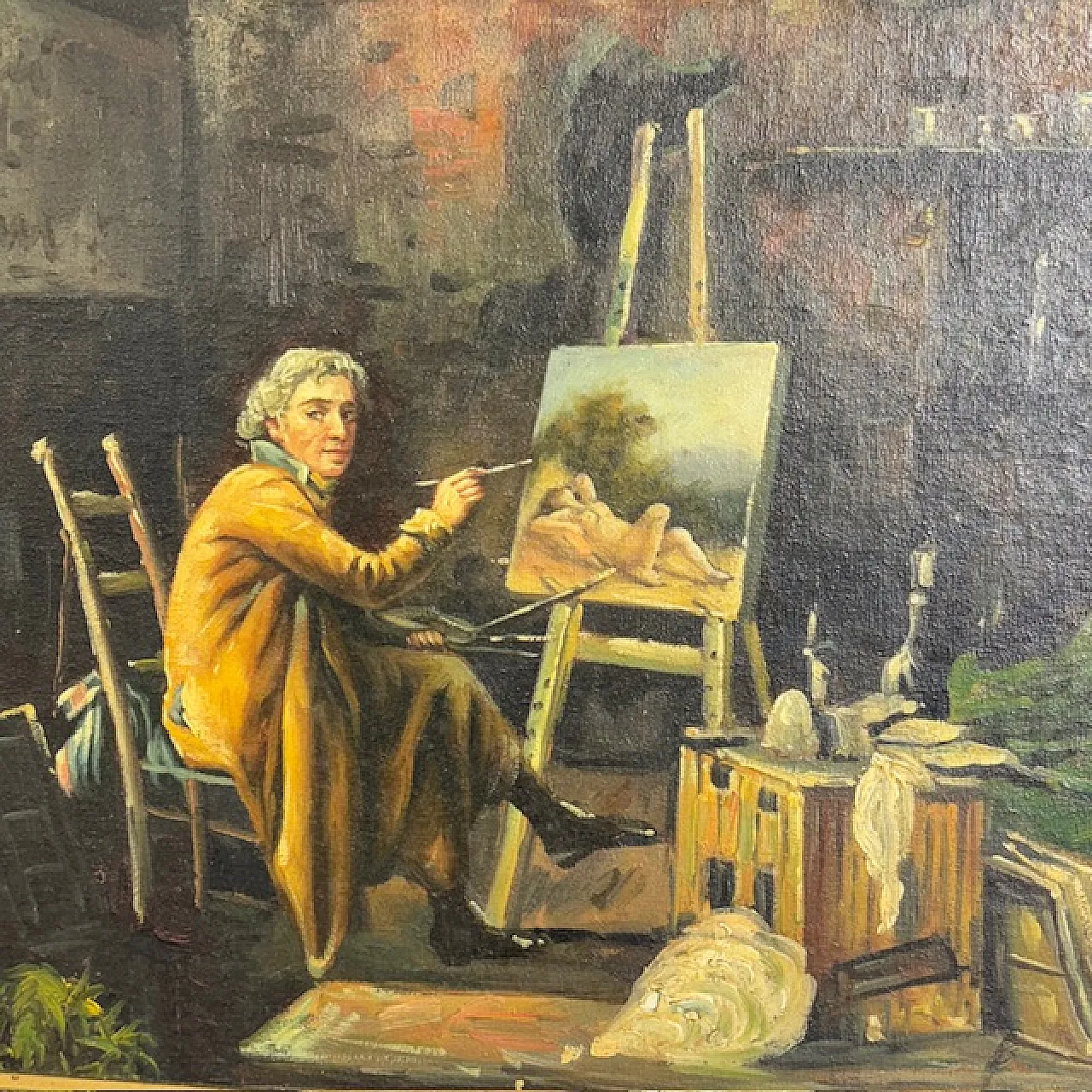 Dipinto olio su tavola Atelier d artista, 1850 2