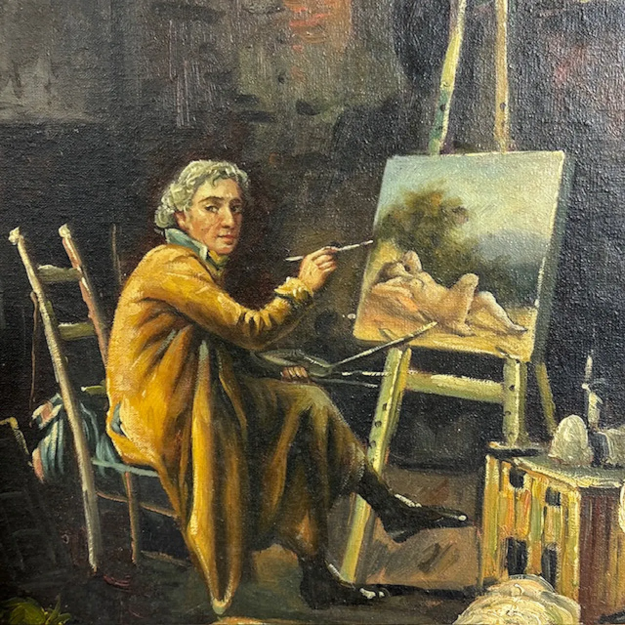 Dipinto olio su tavola Atelier d artista, 1850 7