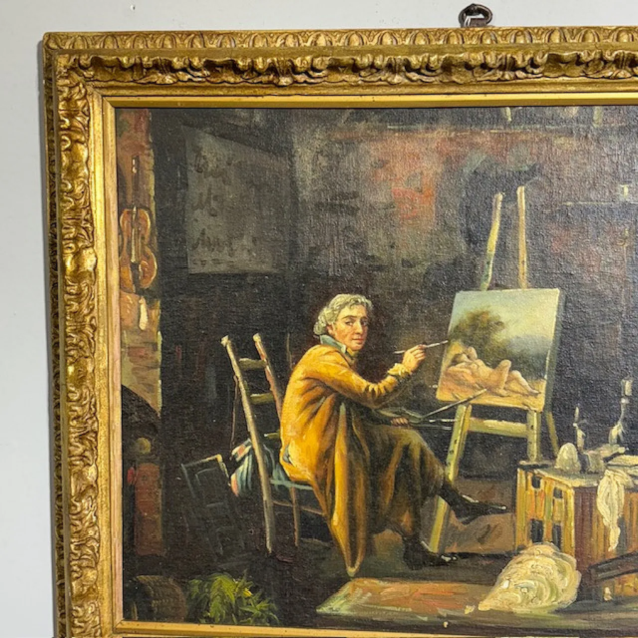 Dipinto olio su tavola Atelier d artista, 1850 8