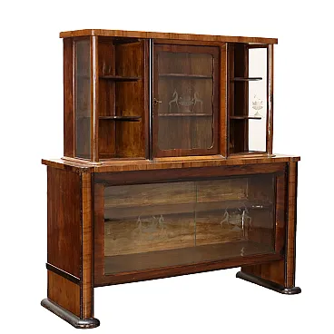 Walnut veneer display cabinet with sliding doors, 1920s