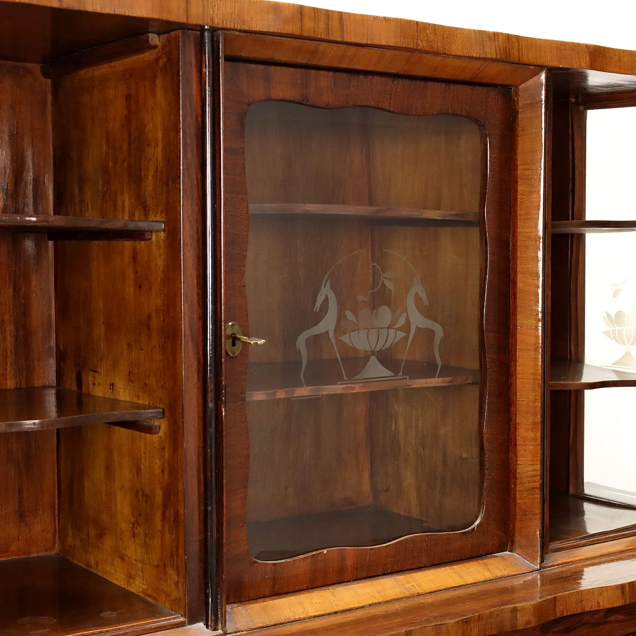 Walnut veneer display cabinet with sliding doors, 1920s 3