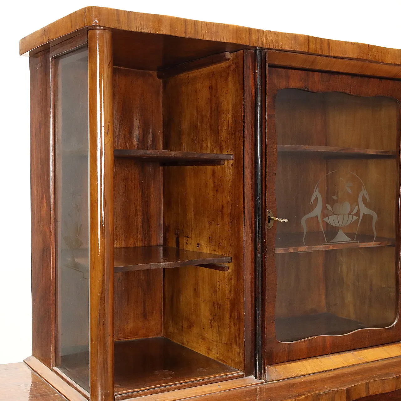 Walnut veneer display cabinet with sliding doors, 1920s 4