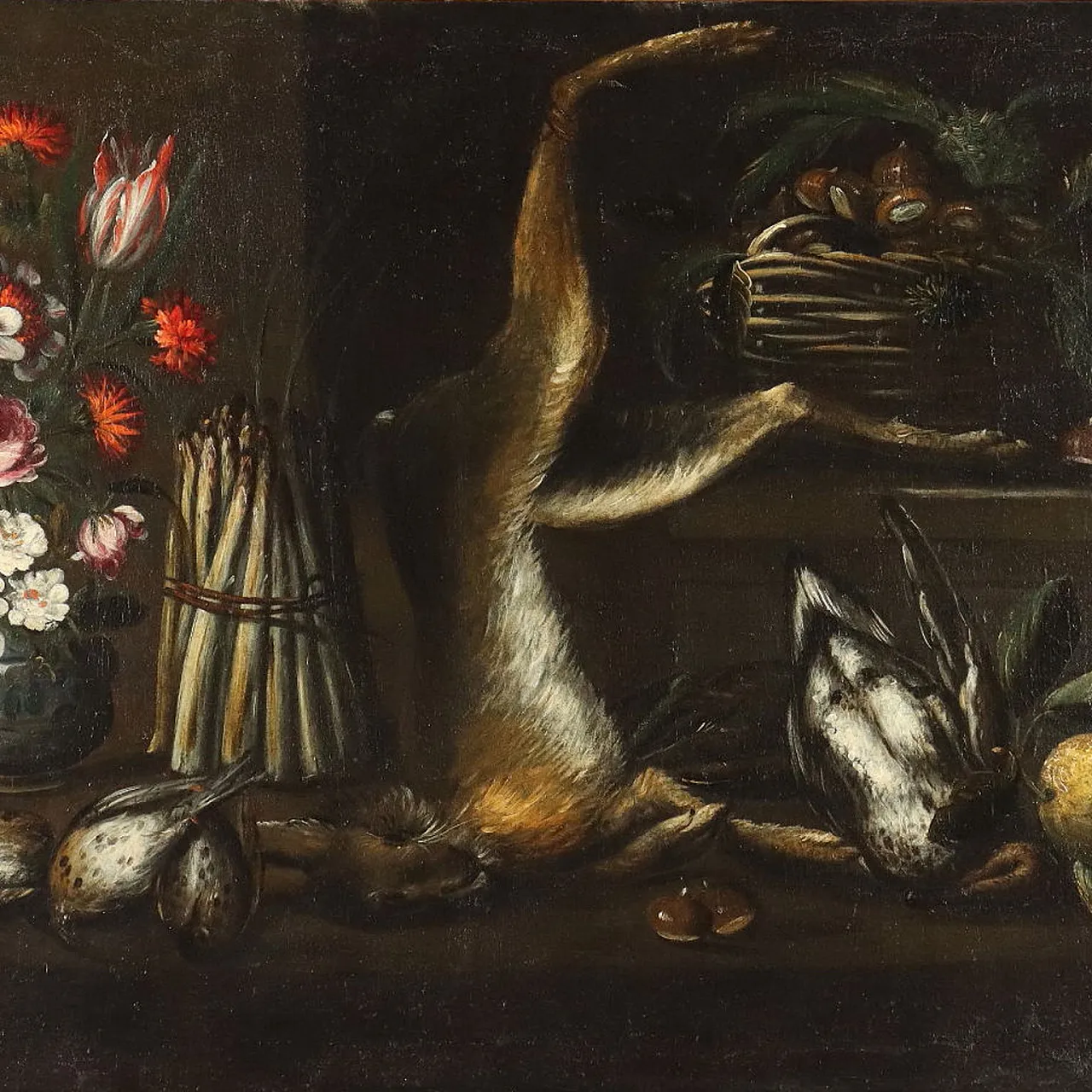 Still life with game, asparagus and chestnuts, oil painting on canvas, 18th century 1