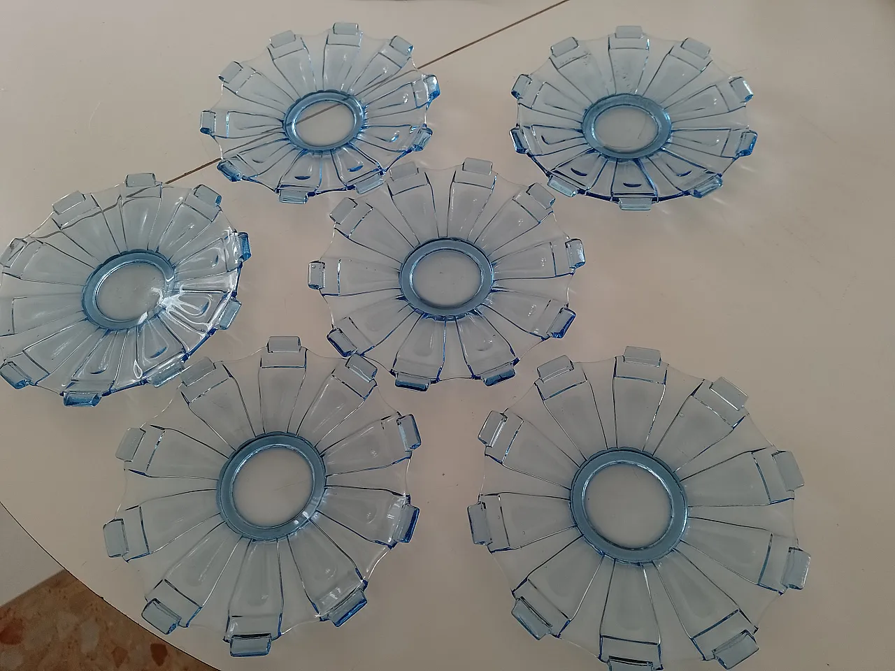 6 Decò Czec blue glass dessert plates, 1970s 1