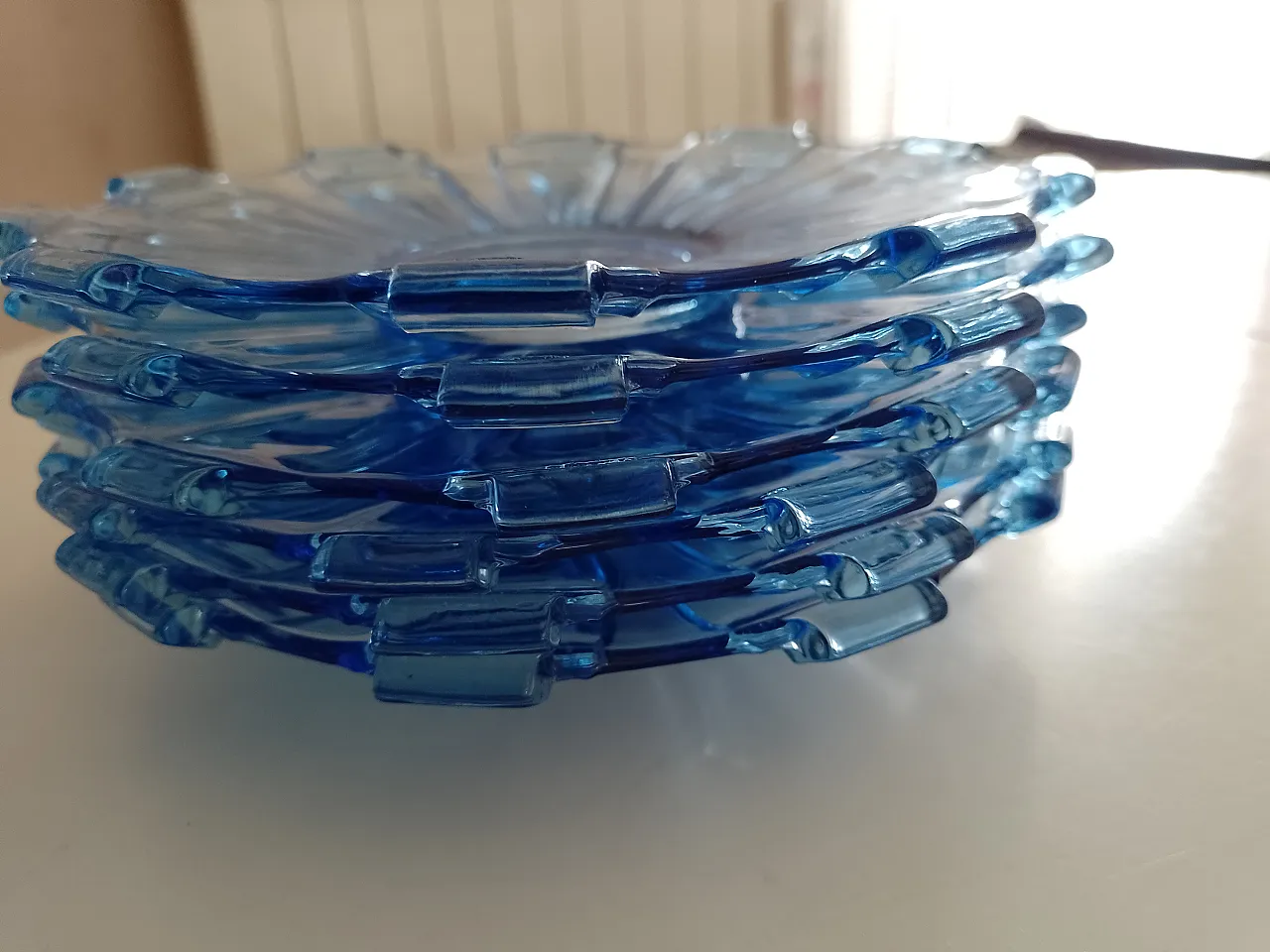 6 Decò Czec blue glass dessert plates, 1970s 3