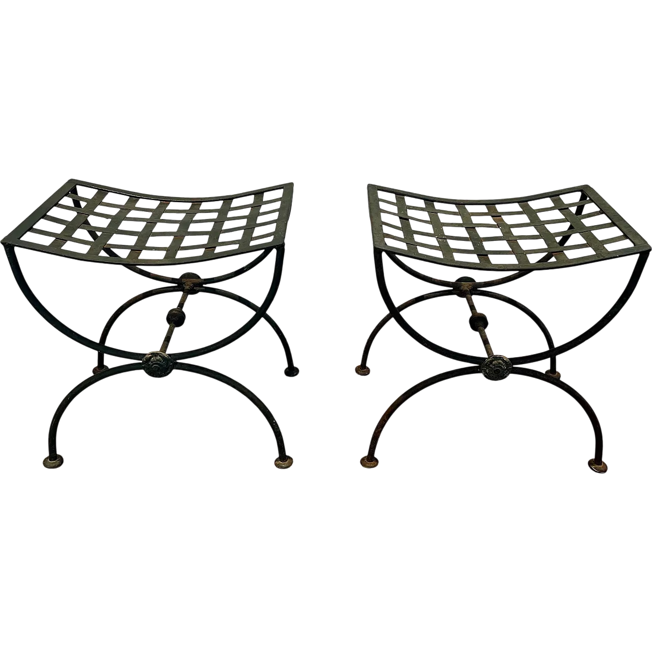 Pair of Curule stools in wrought iron and patinated metal, 1950s 21