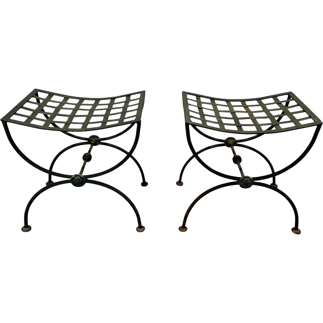 Pair of Curule stools in wrought iron and patinated metal, 1950s 22