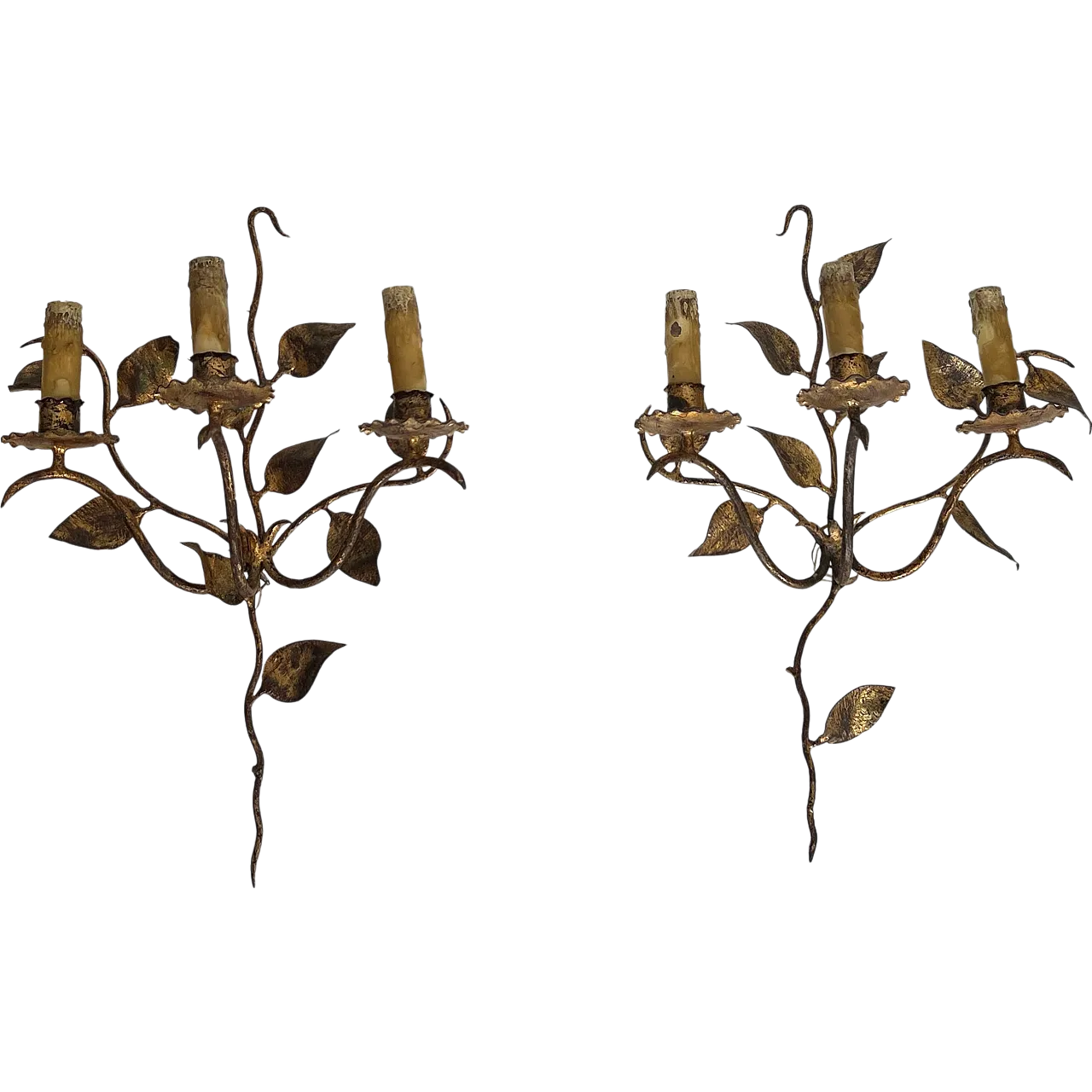 Pair of 3-light gilded metal wall sconces with leaves, 1970s 13