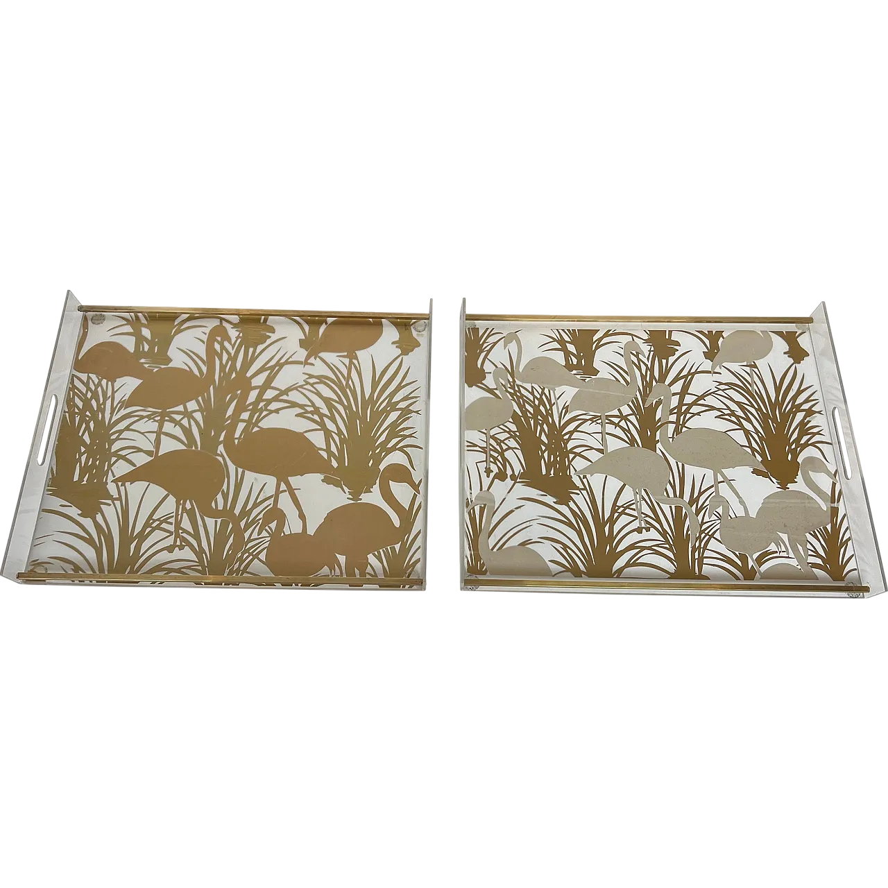 Pair of lucite and brass trays with gilded birds, 1970s 21