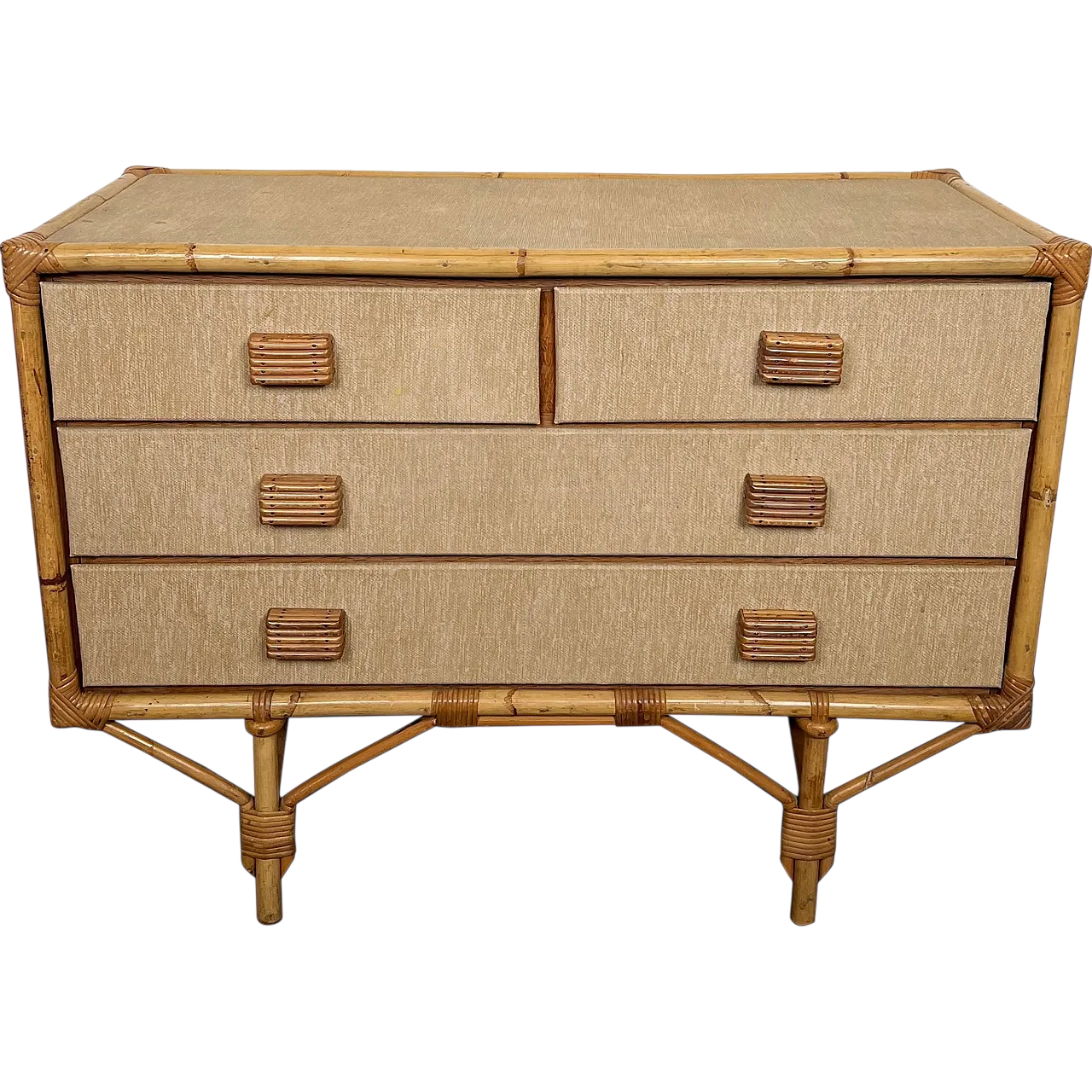 Bamboo, rattan, wood and raffia chest of drawers by Audoux Minet, 1950 21