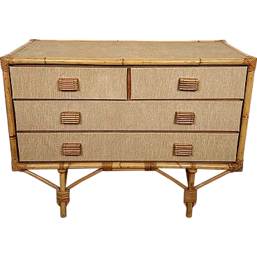 Bamboo, rattan, wood and raffia chest of drawers by Audoux Minet, 1950