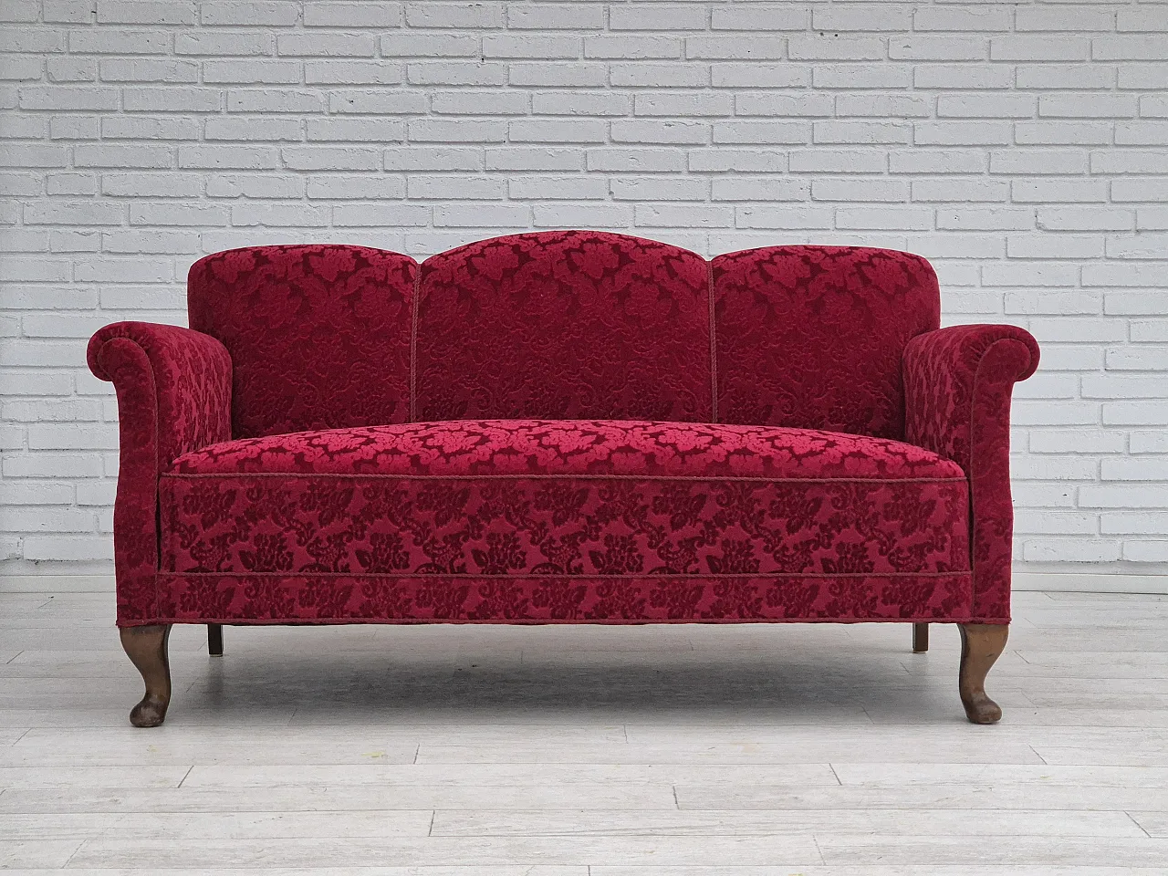 Danish 3-seater sofa, cherry-red velour and beech wood, 1950s 1