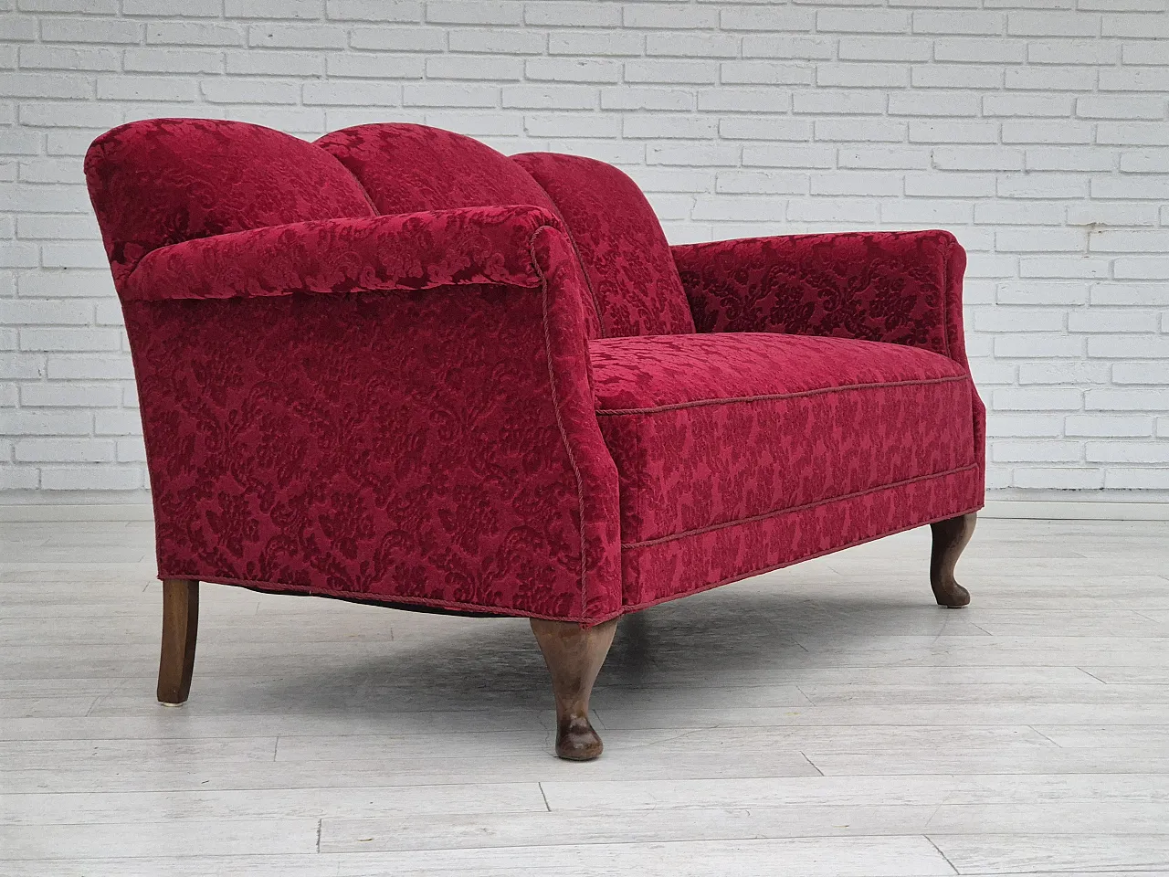 Danish 3-seater sofa, cherry-red velour and beech wood, 1950s 3