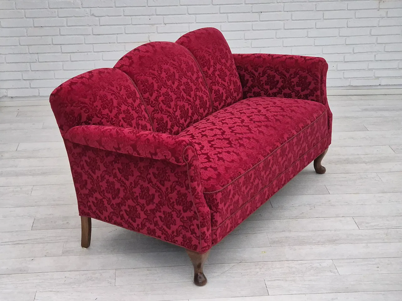 Danish 3-seater sofa, cherry-red velour and beech wood, 1950s 4