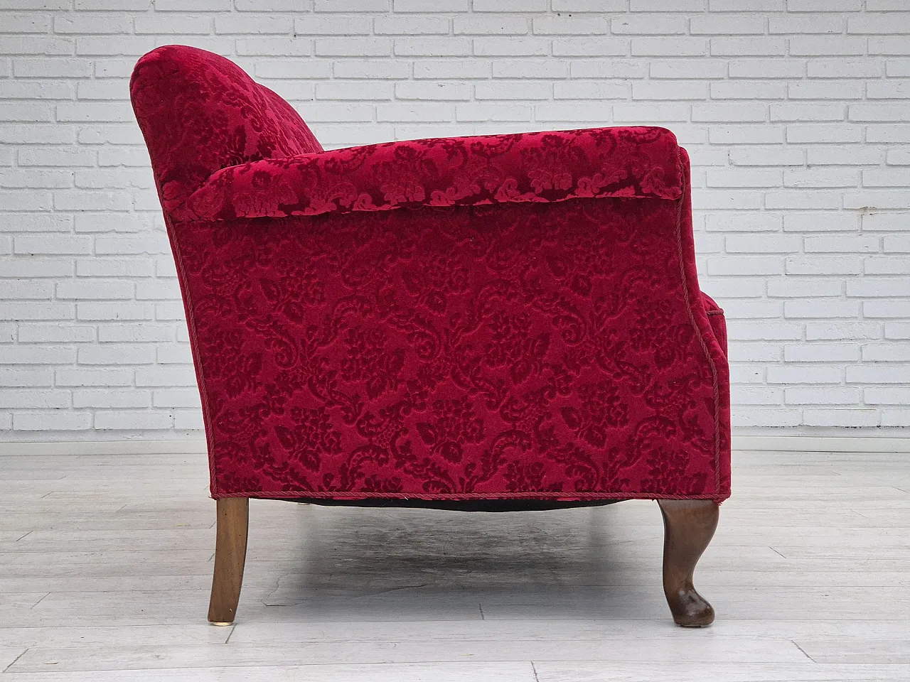 Danish 3-seater sofa, cherry-red velour and beech wood, 1950s 8