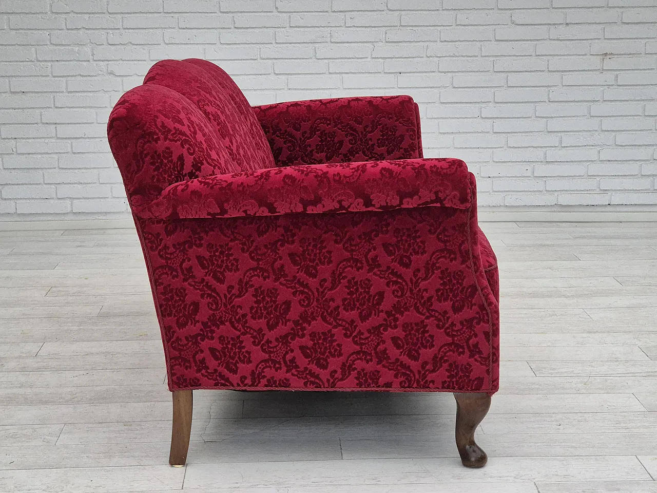 Danish 3-seater sofa, cherry-red velour and beech wood, 1950s 9