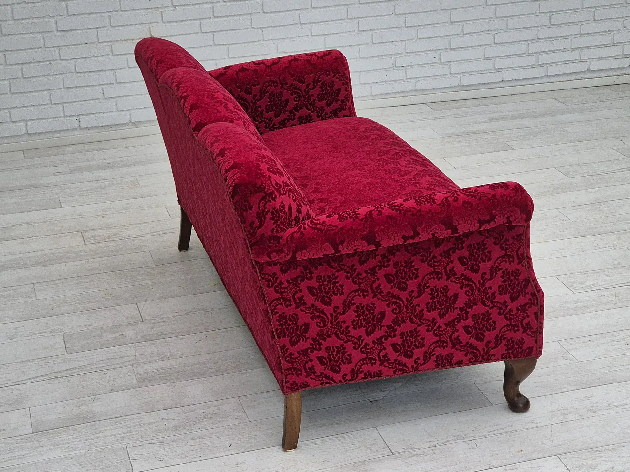 Danish 3-seater sofa, cherry-red velour and beech wood, 1950s 10